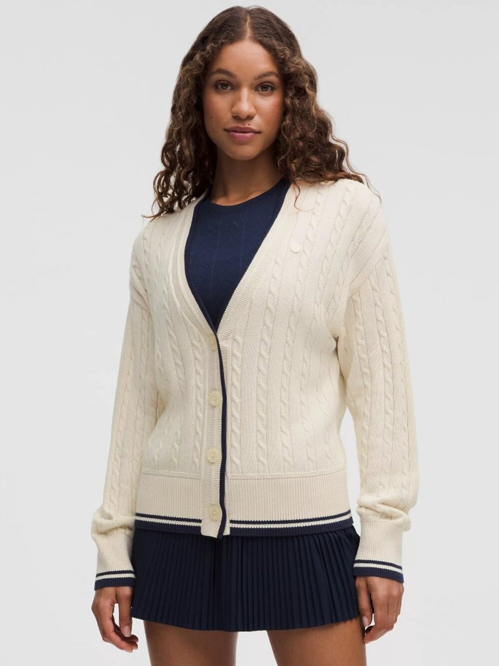 COTTON-BLEND CABLE-KNIT CARDIGAN *TENNIS CLUB